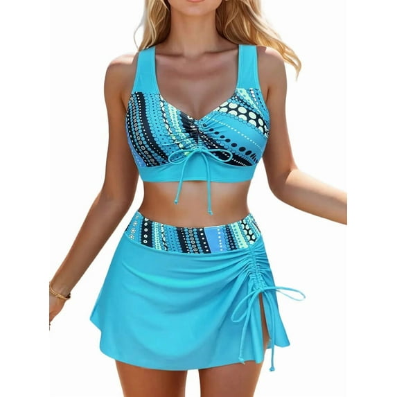 Women'S High- Waisted- Bikini Sets Tummy Control Skirt Two Piece Tummy Control Printing Bathing Suit Blue XL