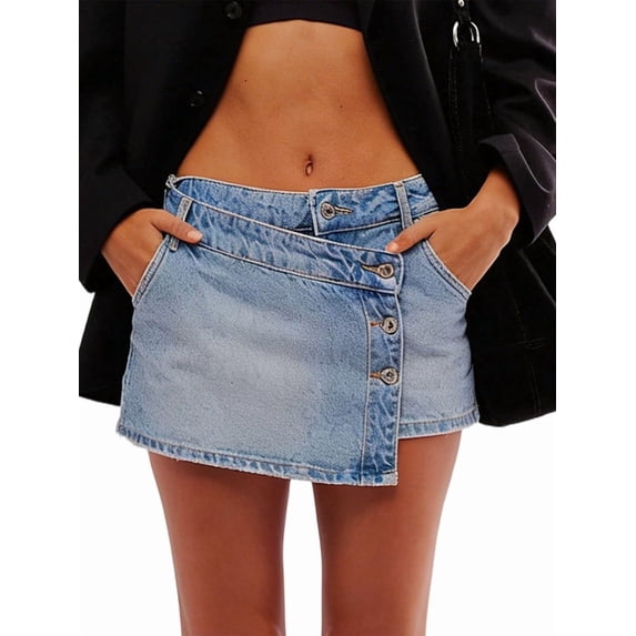 Women'S High Waisted Button Front Denim Skort Asymmetrical Hem Skirt Shorts Medium Blue S