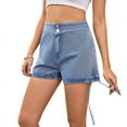thumbnail image 1 of Dycnvjo Women'S High Waisted Drawstring Ruched Tie Side Skinny Denim Stretch Shorts Light Blue L, 1 of 7