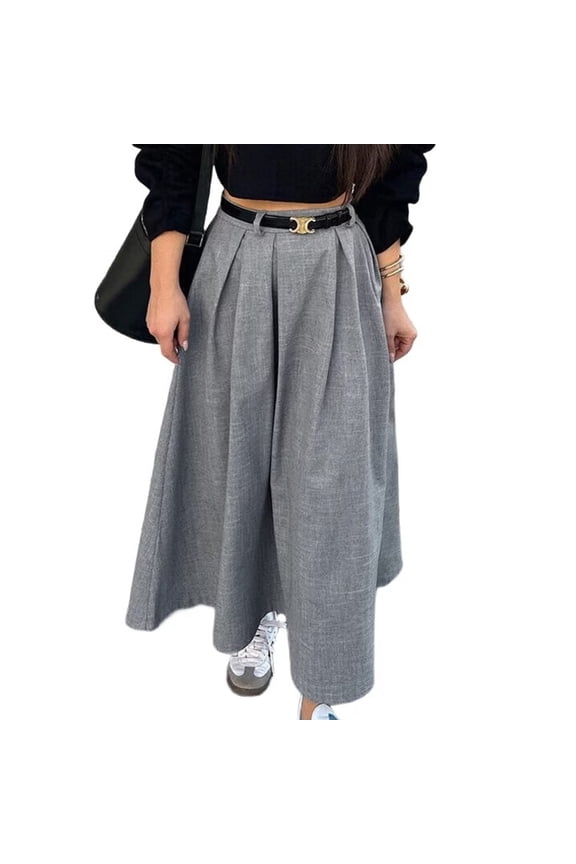 Women'S High Waisted Elegant Pleated Long Skirt A Line Swing Skirts Gray L
