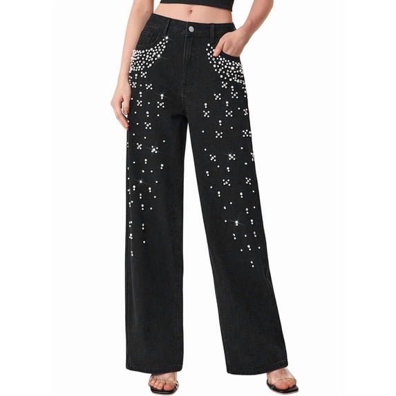 Women'S High Waisted Jeans Boyfriend Baggy Wide Straight Leg Casual Denim Pants Trousers Black XL