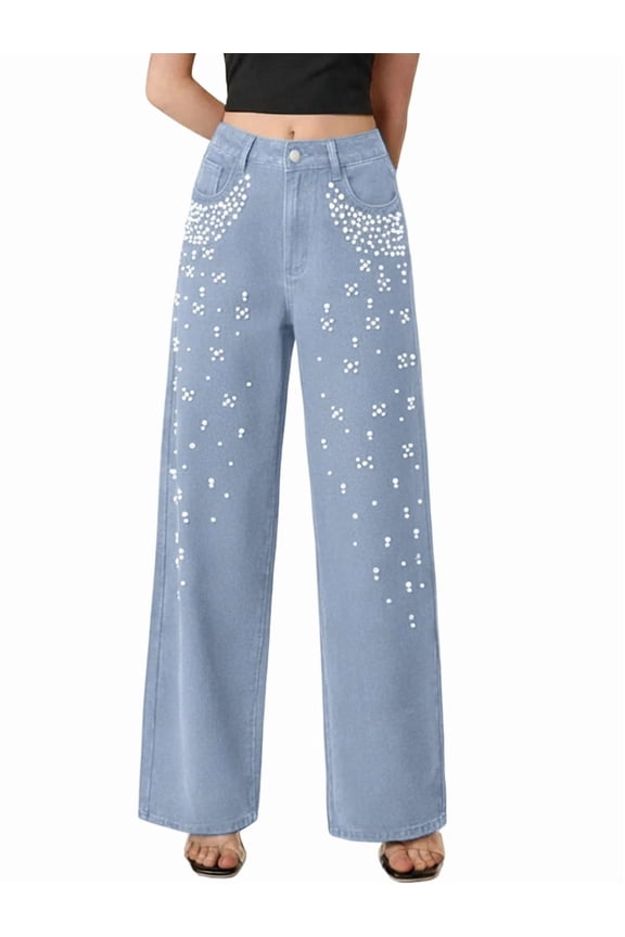 Women'S High Waisted Jeans Boyfriend Baggy Wide Straight Leg Casual Denim Pants Trousers Light Blue XS