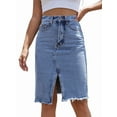 thumbnail image 1 of Women'S High Waisted Split Front Raw Hem Bodycon Midi Denim Skirt Blue S, 1 of 8