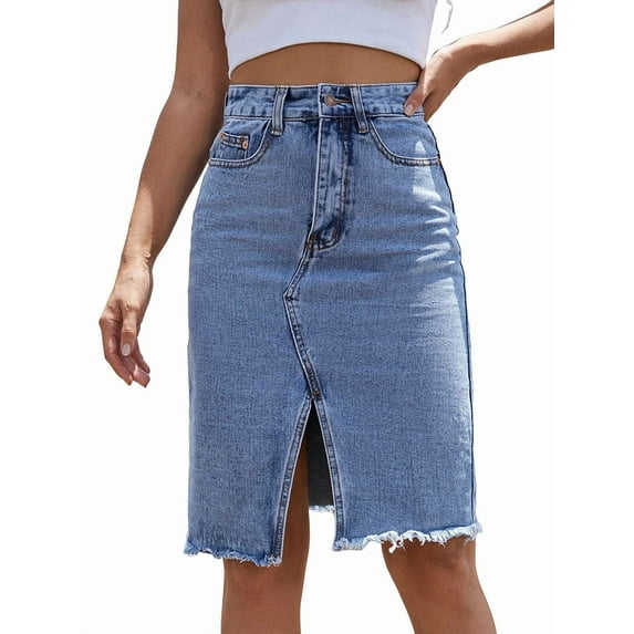 Women'S High Waisted Split Front Raw Hem Bodycon Midi Denim Skirt Blue S