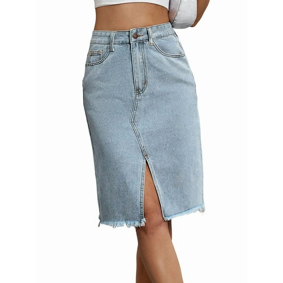 Women'S High Waisted Split Front Raw Hem Bodycon Midi Denim Skirt Light Blue S