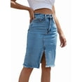thumbnail image 1 of Women'S High Waisted Split Front Raw Hem Bodycon Midi Denim Skirt Medium Blue M, 1 of 7