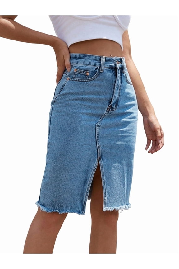 Women'S High Waisted Split Front Raw Hem Bodycon Midi Denim Skirt Medium Blue M