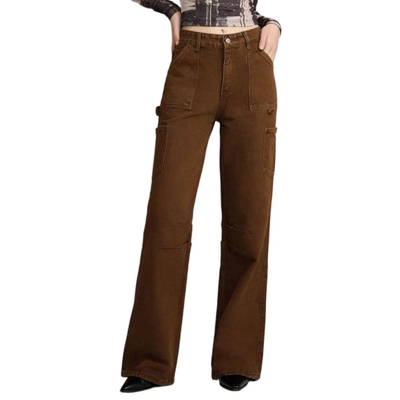 Women'S High Waisted Wide Leg Jeans with Stretchy Straight Leg and Trendy Seamed Design Brown S