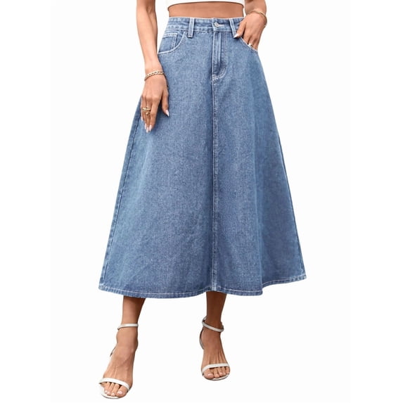 Women'S High Wasited A Line Long Maxi Jean Skirt Below Knee Length Flared Midi Denim Skirts Light Blue S