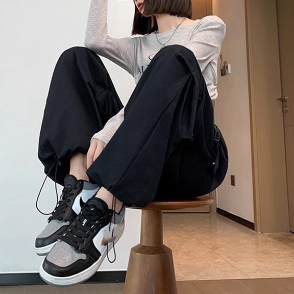 Women S Hip Hop Overalls For Street Fashion High Waist Solid Color Trousers Black 2XL YIWEI