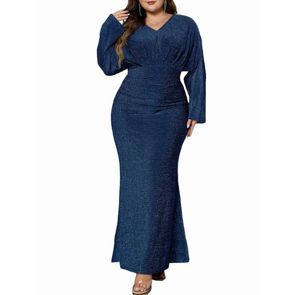 Women'S Holiday Evening Dress Glitter Long Sleeve V-Neck Slim Long Dress Formal Sequin Prom Gowns Plus Size Blue XL
