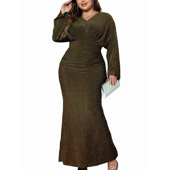 Women'S Holiday Evening Dress Glitter Long Sleeve V-Neck Slim Long Dress Formal Sequin Prom Gowns Plus Size Gold XXL