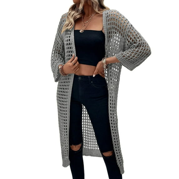 Women'S Hollow Out 3/4 Sleeve Open Front Knit Cardigan Long Sweater Tops Grey XXL