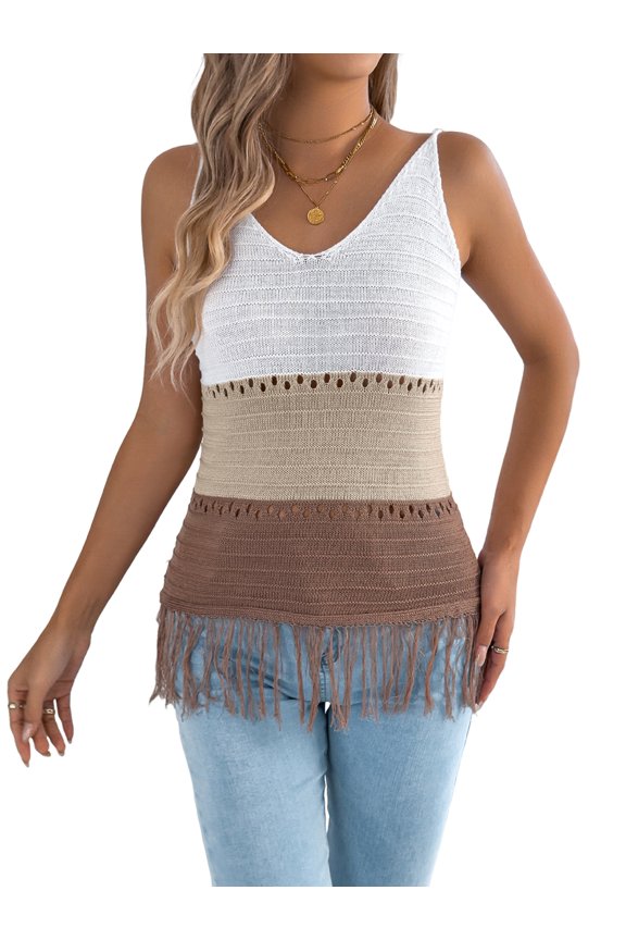 Women'S Hollow Out Fringe Knitted Tank Top Sheer Sleeveless Long Vest V Neck Color Block Boho Vest Khaki L