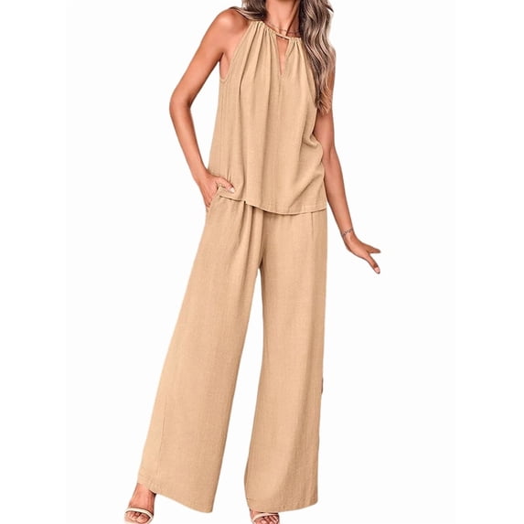 Women'S Hollow Out Halter Neck Sleeveless Top & Wide Leg Pants, Summer Casual Outfit Set Khaki L