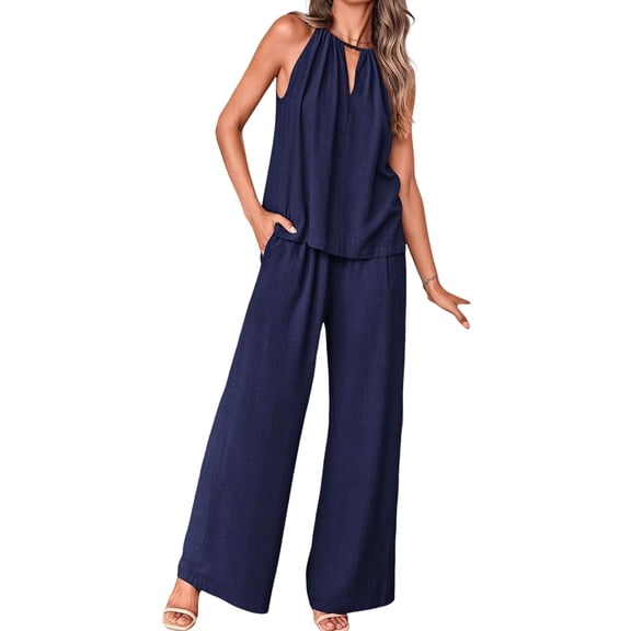 Women'S Hollow Out Halter Neck Sleeveless Top & Wide Leg Pants, Summer Casual Outfit Set M