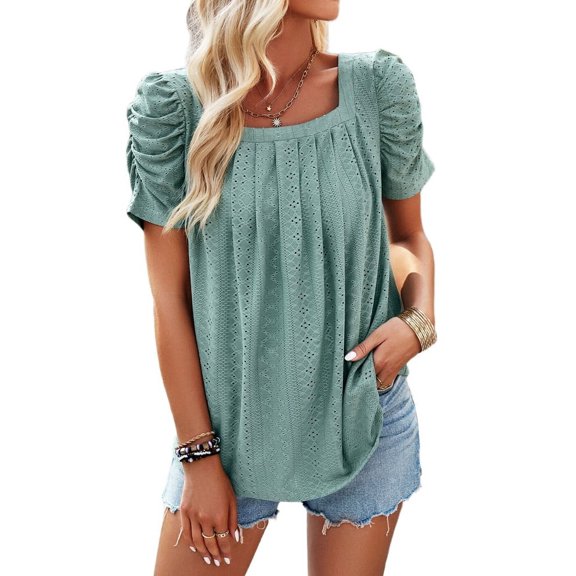 Women'S Hollow Pleated Short Sleeves Square Neck Casual Loose Solid Color Knit T Shirts Tops Blouses Bean Green L