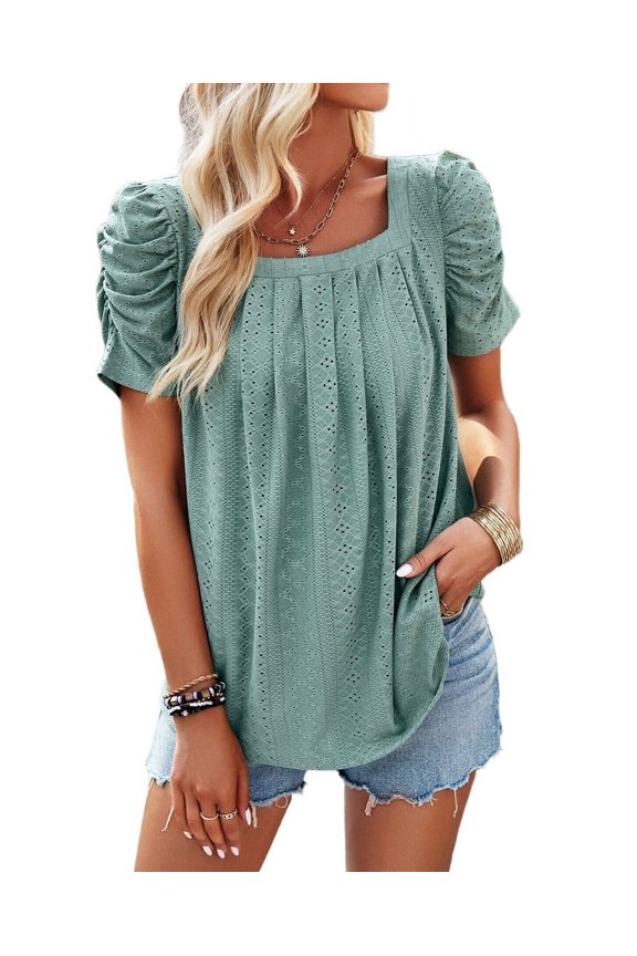 Women'S Hollow Pleated Short Sleeves Square Neck Casual Loose Solid Color Knit T Shirts Tops Blouses Bean Green L