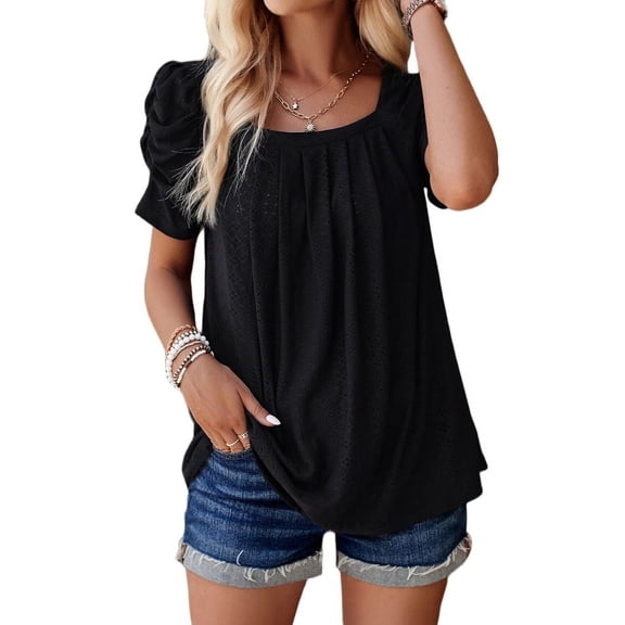 Women'S Hollow Pleated Short Sleeves Square Neck Casual Loose Solid Color Knit T Shirts Tops Blouses Black M