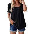 thumbnail image 1 of Women'S Hollow Pleated Short Sleeves Square Neck Casual Loose Solid Color Knit T Shirts Tops Blouses Black S, 1 of 9