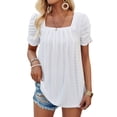 thumbnail image 1 of Women'S Hollow Pleated Short Sleeves Square Neck Casual Loose Solid Color Knit T Shirts Tops Blouses White M, 1 of 9