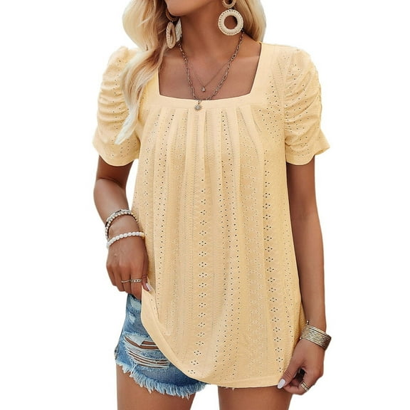 Women'S Hollow Pleated Short Sleeves Square Neck Casual Loose Solid Color Knit T Shirts Tops Blouses Yellow M