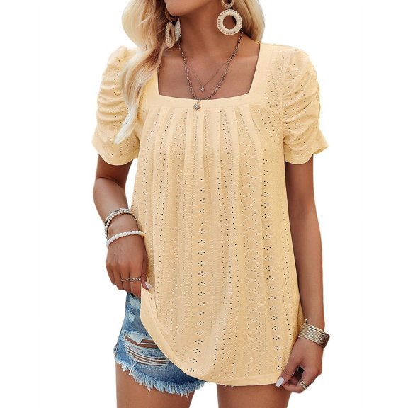 Women'S Hollow Pleated Short Sleeves Square Neck Casual Loose Solid Color Knit T Shirts Tops Blouses Yellow XL