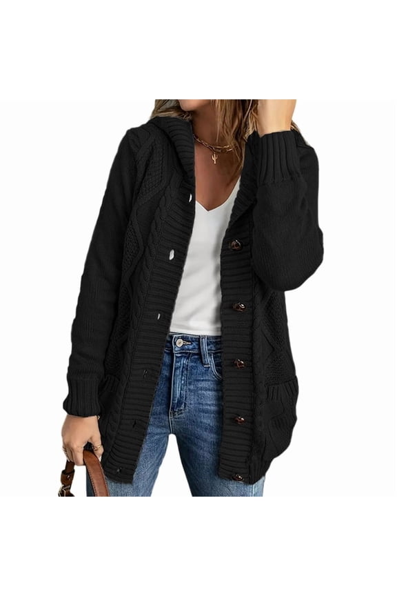 Women'S Hooded Cardigan Chunky Knit Sweater Fall Winter Style Thick Front Button-Down Coat with Pockets Black 5XL