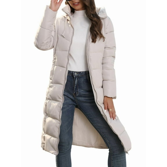 Women'S Hooded Long Puffer Coat Winter Warm Full Zip Quilted Jacket with Pockets Apricot Color XL