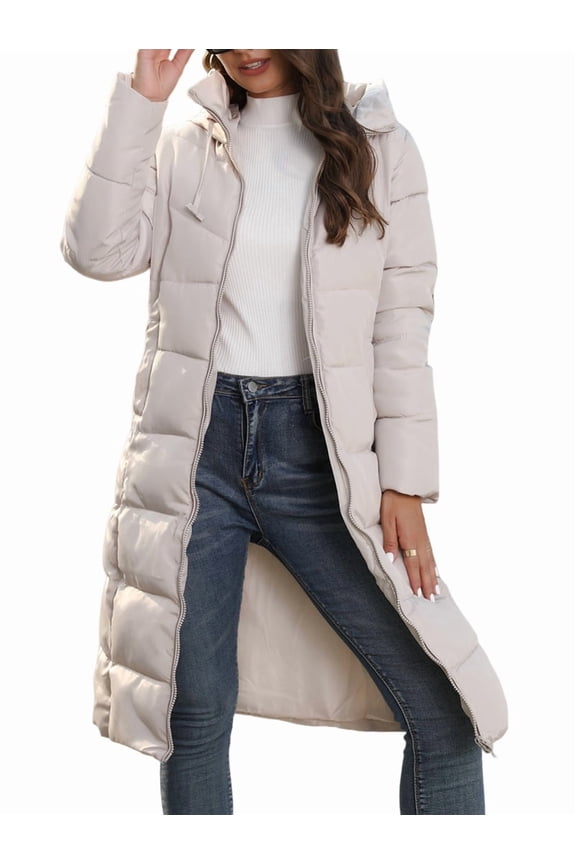 Women'S Hooded Long Puffer Coat Winter Warm Full Zip Quilted Jacket with Pockets Apricot Color XXXL