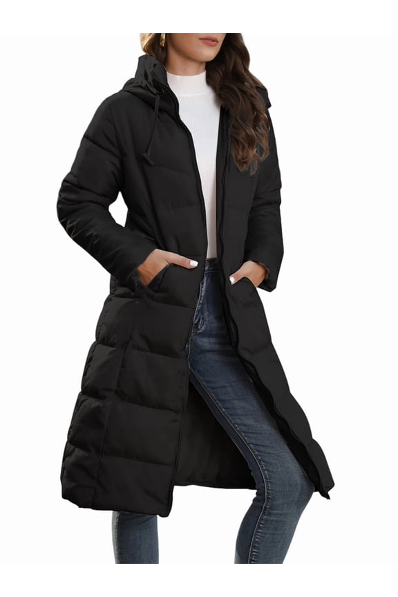 Women'S Hooded Long Puffer Coat Winter Warm Full Zip Quilted Jacket with Pockets Black L