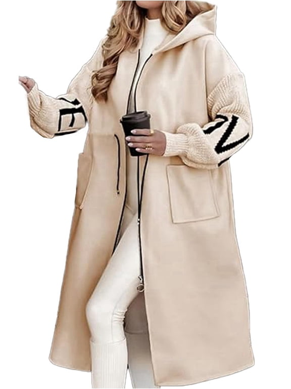 Women'S Hooded Windbreaker Knitted Long Sleeve Oversized Jacket Casual Drawstring Waist Coat with Zipper Apricot L