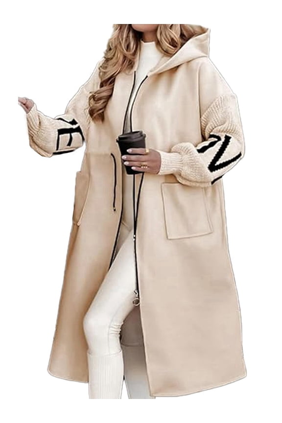 Women'S Hooded Windbreaker Knitted Long Sleeve Oversized Jacket Casual Drawstring Waist Coat with Zipper Apricot L