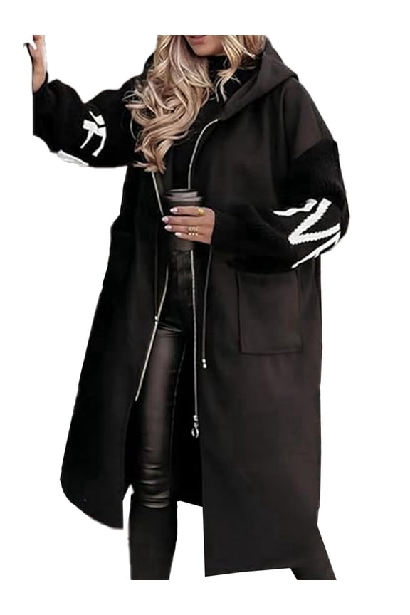 Women'S Hooded Windbreaker Knitted Long Sleeve Oversized Jacket Casual Drawstring Waist Coat with Zipper Black XXXL