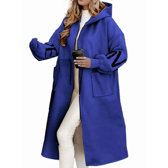 Women'S Hooded Windbreaker Knitted Long Sleeve Oversized Jacket Casual Drawstring Waist Coat with Zipper Blue S