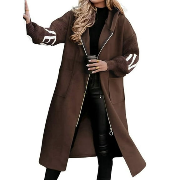 Women'S Hooded Windbreaker Knitted Long Sleeve Oversized Jacket Casual Drawstring Waist Coat with Zipper Brown L