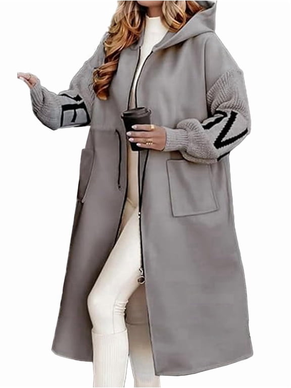 Women'S Hooded Windbreaker Knitted Long Sleeve Oversized Jacket Casual Drawstring Waist Coat with Zipper Gray XXL