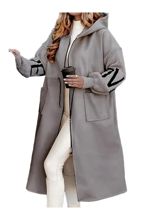 Women'S Hooded Windbreaker Knitted Long Sleeve Oversized Jacket Casual Drawstring Waist Coat with Zipper Gray XXL