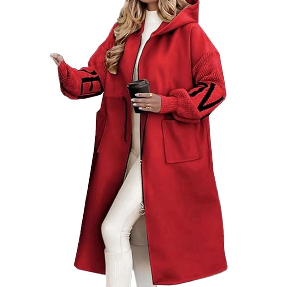 Women'S Hooded Windbreaker Knitted Long Sleeve Oversized Jacket Casual Drawstring Waist Coat with Zipper Red XL