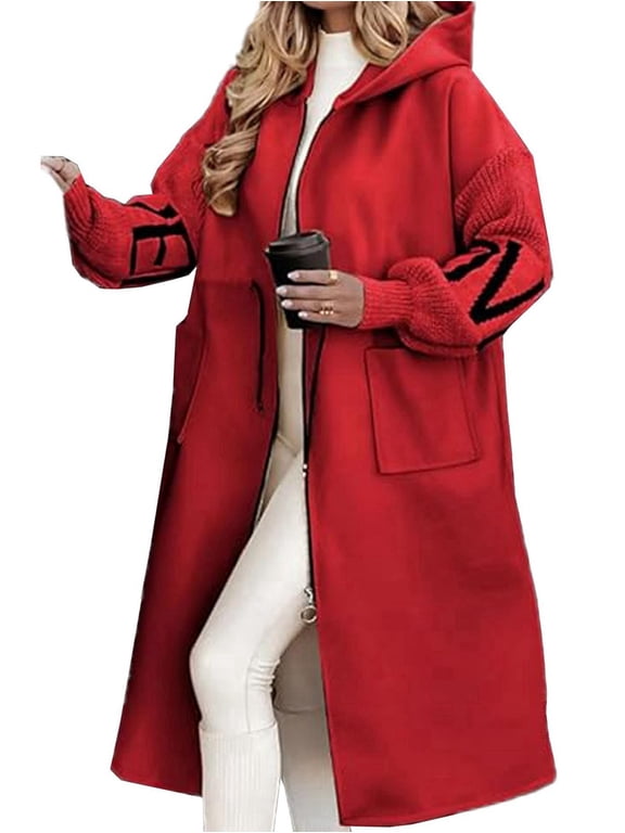 Women'S Hooded Windbreaker Knitted Long Sleeve Oversized Jacket Casual Drawstring Waist Coat with Zipper Red XL