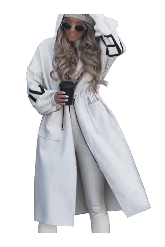 Women'S Hooded Windbreaker Knitted Long Sleeve Oversized Jacket Casual Drawstring Waist Coat with Zipper White M