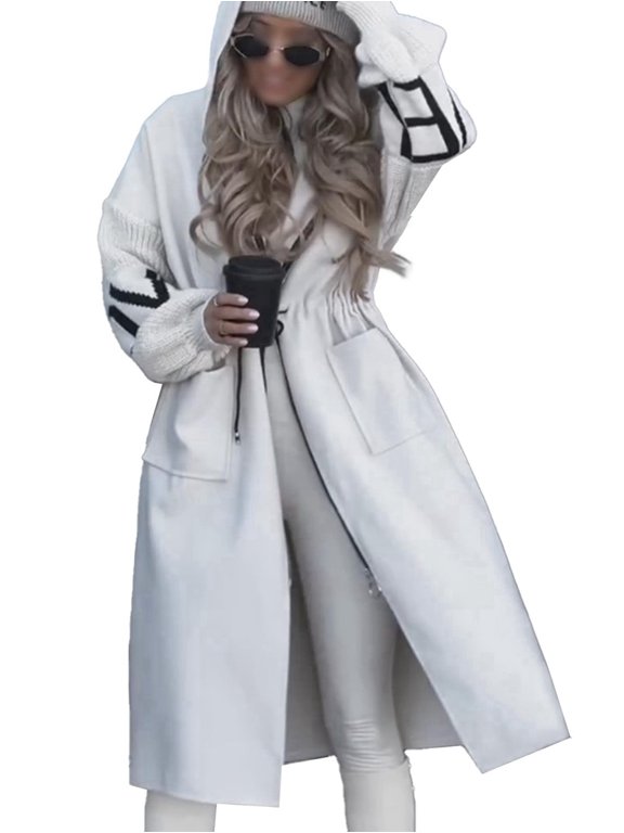 Women'S Hooded Windbreaker Knitted Long Sleeve Oversized Jacket Casual Drawstring Waist Coat with Zipper White S