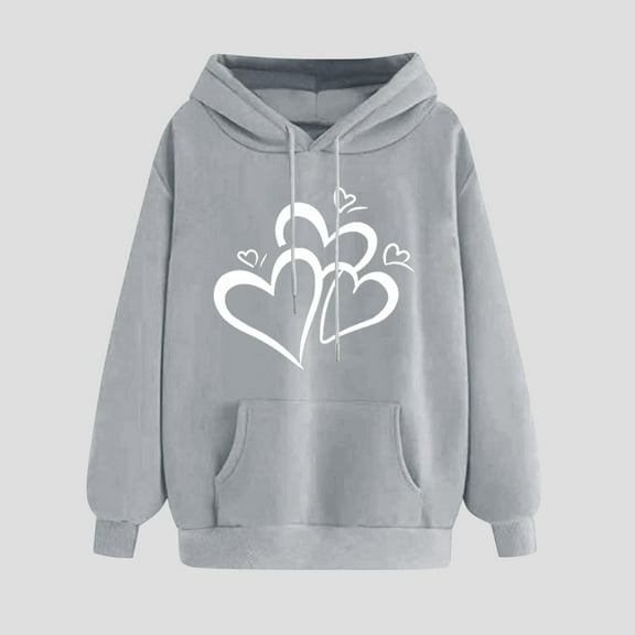 Women'S Hoodies Pullover Classic Heart Print Winter Hoodie Pullover Tops Long Sleeved Loose Casual Comfortable Sweatshirt Tops Gray M