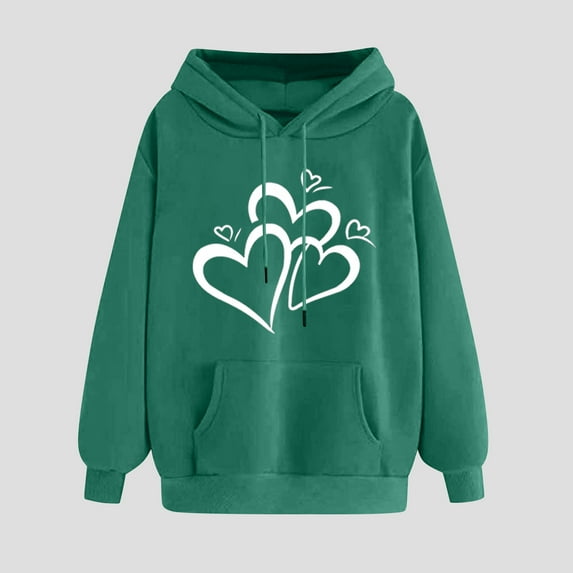 Women'S Hoodies Pullover Classic Heart Print Winter Hoodie Pullover Tops Long Sleeved Loose Casual Comfortable Sweatshirt Tops Green L