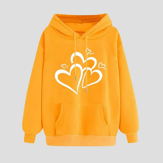Women'S Hoodies Pullover Classic Heart Print Winter Hoodie Pullover Tops Long Sleeved Loose Casual Comfortable Sweatshirt Tops Yellow S