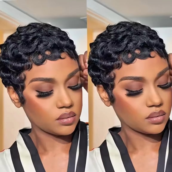 Women'S Human Hair Pixie Cut Wig Full Machine Made Black by Typpkmm
