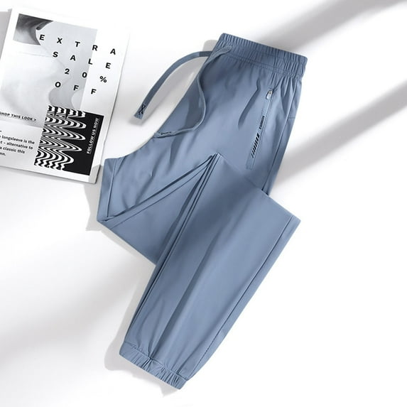 Women'S Ice Silk Sports Pants Trendy High Waisted Elastic Waist Drape Silky Jogger Sweat Ankle Tied Pants Blue L