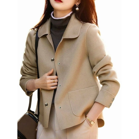 Women'S Imitate Wool & Pea Coats Lapel Single Breasted Short Imitate Wool Coat Khaki L