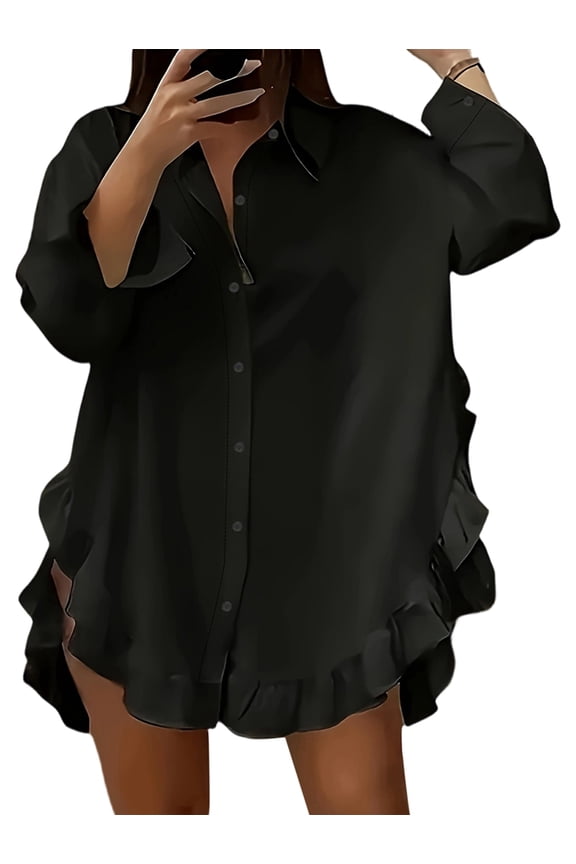 Women'S Irregular Ruffle Trim Split Curved Hem Blouse Loose Lapel Collar Button Down Long Sleeve Shirt Black L