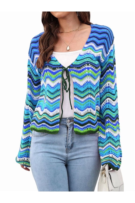 Women'S Jacket Autumn and Winter Rainbow Wave Pattern Woven Cardigan Intercolor Splicing Striped Sweater Tops Blue S